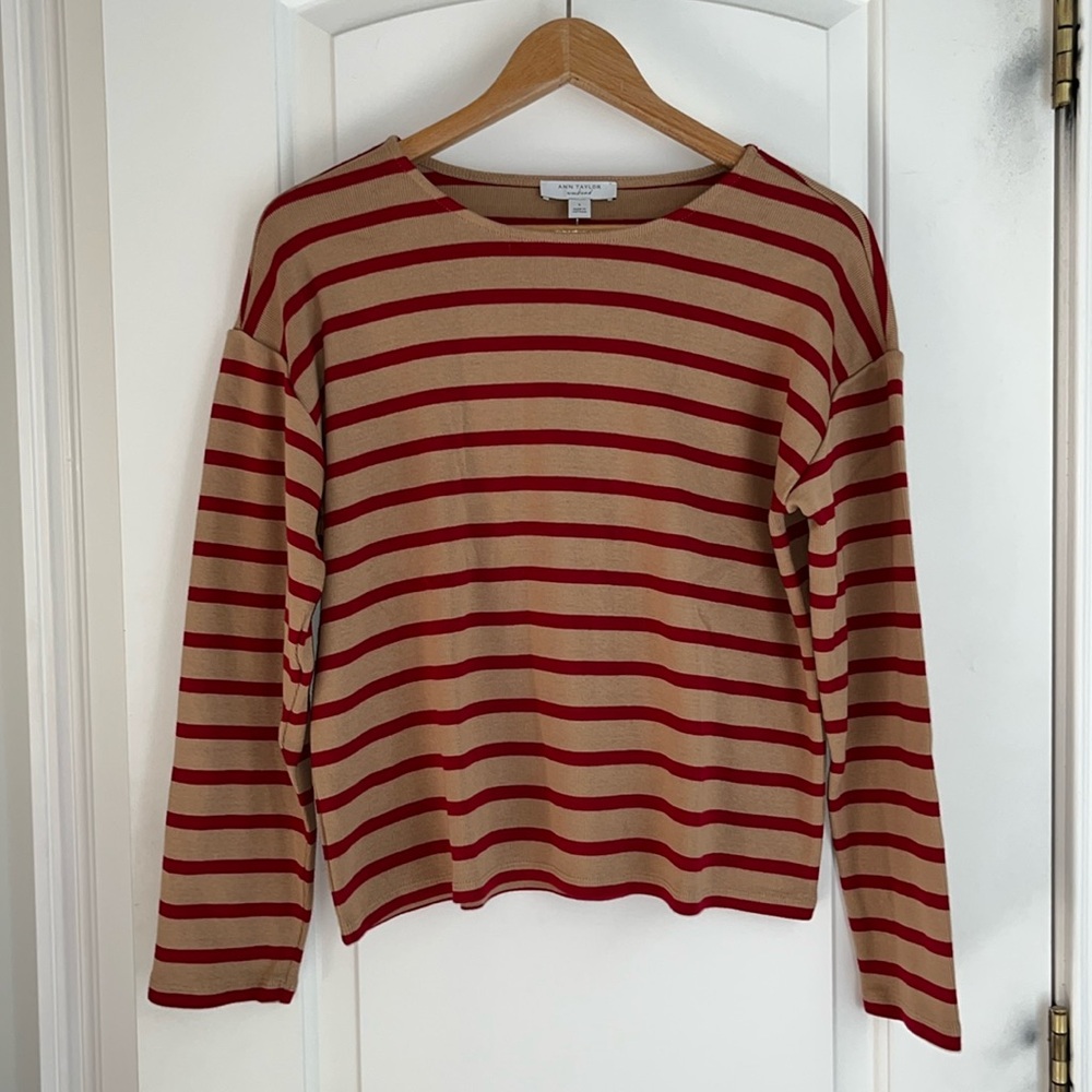 Ann Taylor camel and red striped shirt